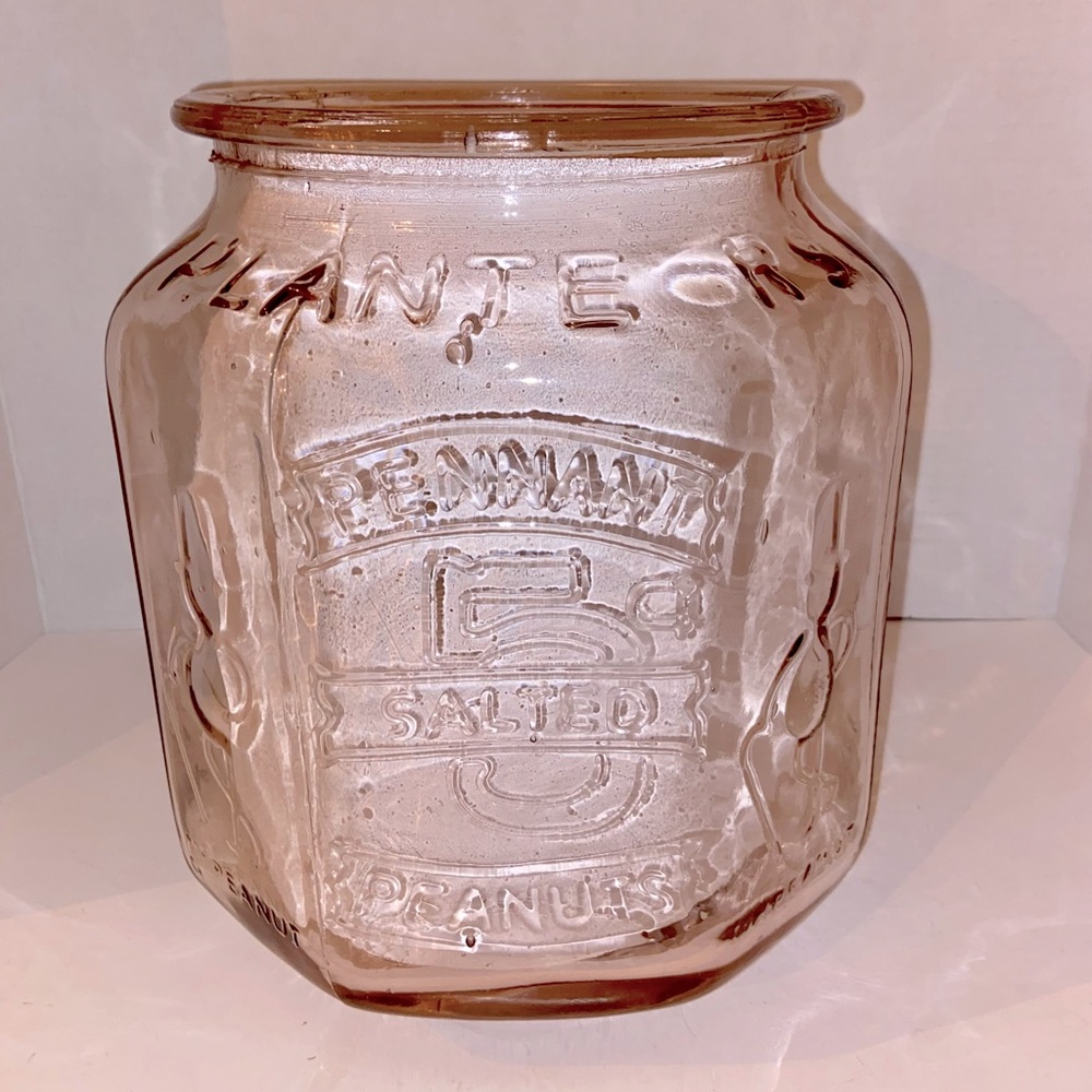 Mr Peanut Planters Vintage Pink Glass Pennant 5₵ Salted Jar Store Display Nuts